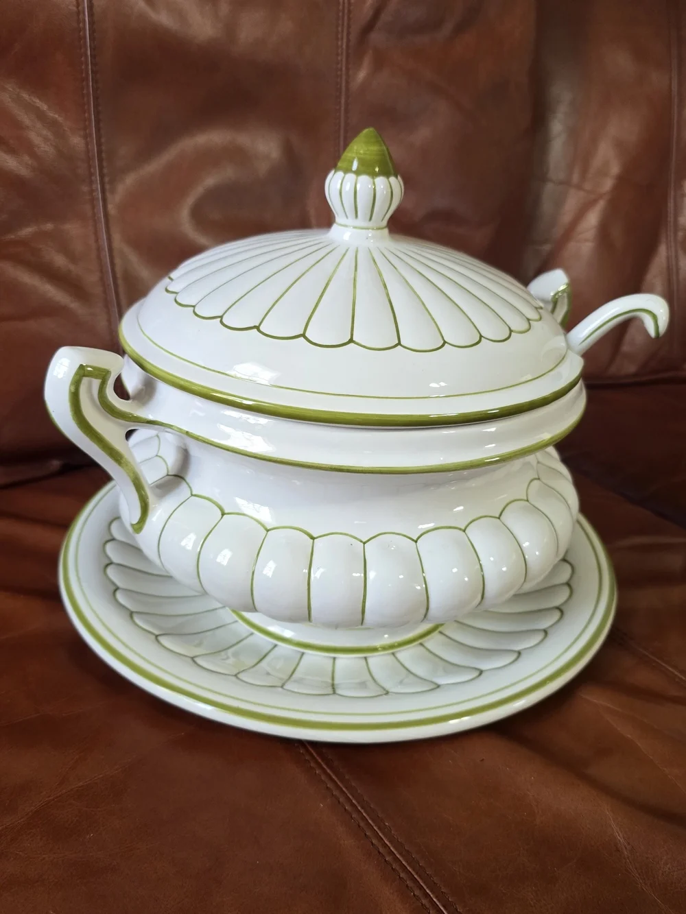 White and Olive Green Lidded Tureen with Underplate